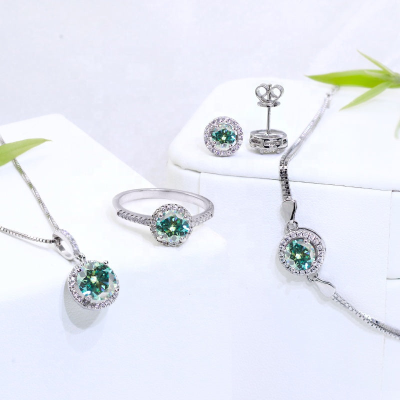Green Moissanite 0.5ct Round Halo S925 Gold Plated VVS D Color Jewelry Set, Engagement Ring Wedding Day, Mother’s Day, Birthday, Valentine’s Day, Gift for Her, Gift for Girlfriend, girl, Gift for Women, Gift for Mother, for wife, Ring, Earrings, Bracelet, Necklace,