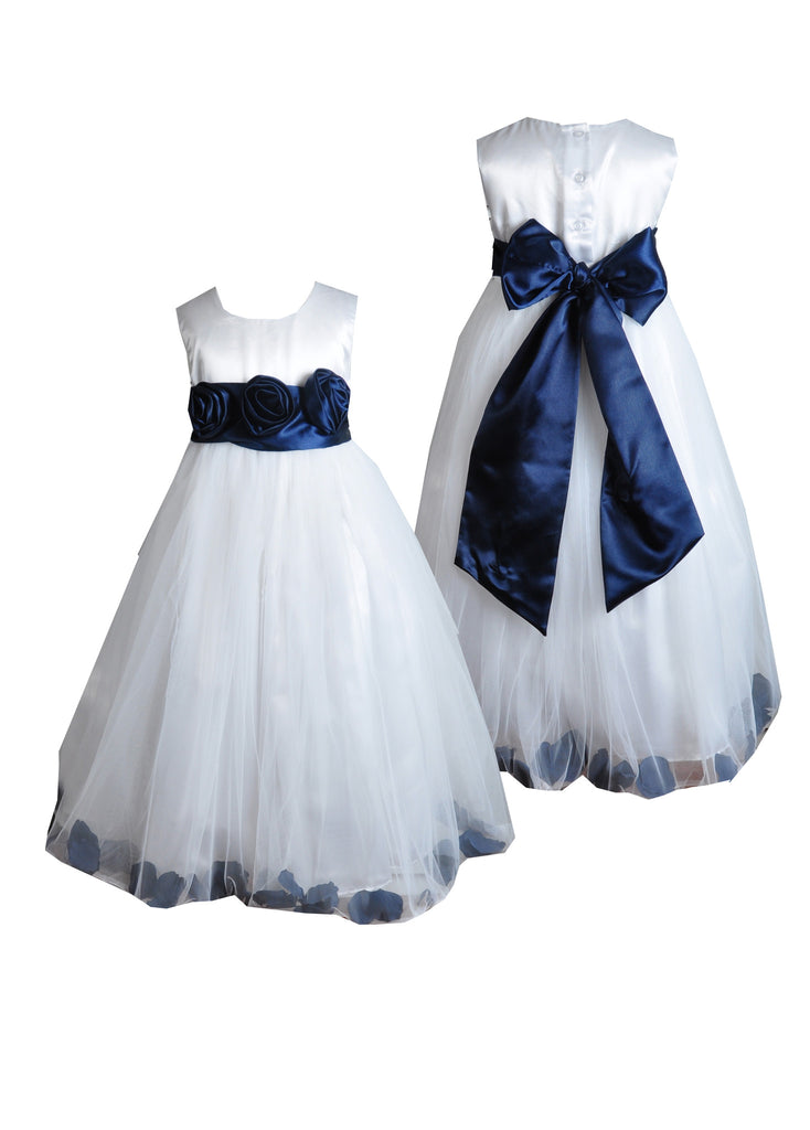 white flower girl dress with navy sash