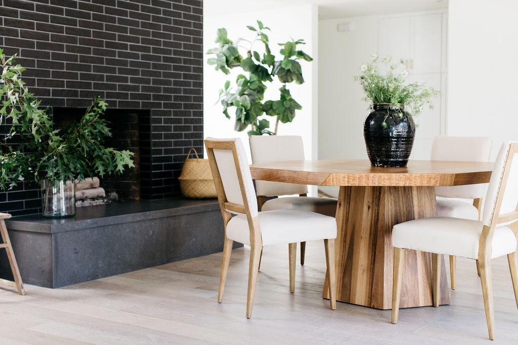 greige design shop + interiors alexandria project black tile fireplace dining room wood table