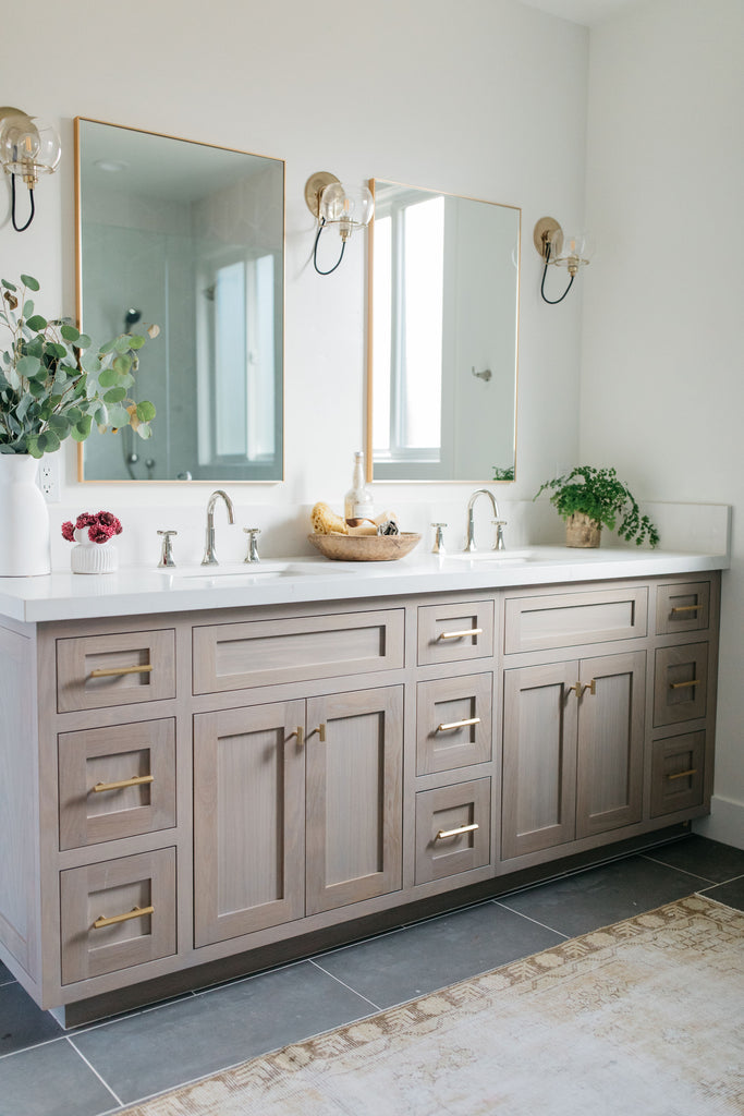 greige design shop + interiors albion project san diego california master bathroom wood cabinetry