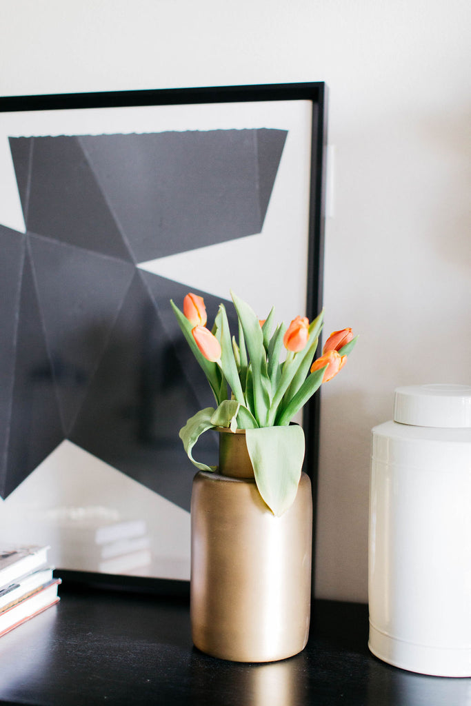 greige design shop + interiors brass vase with tulips oragami art piece