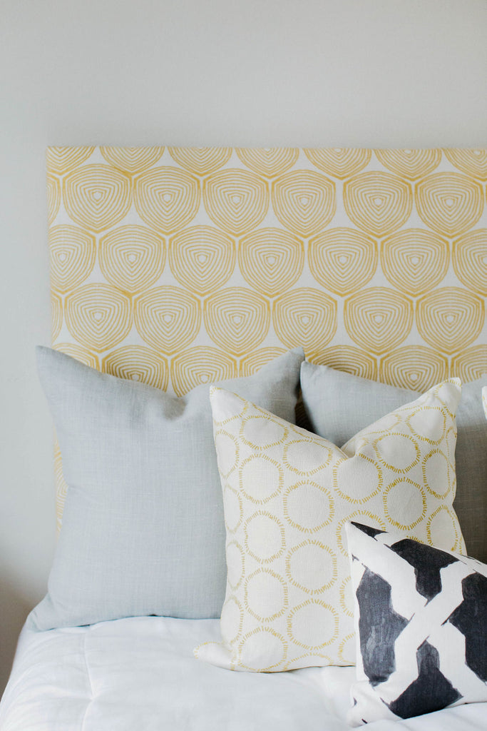 greige design shop + interiors greige textiles fabric headboard ward in Wheat black grey and yellow bedroom