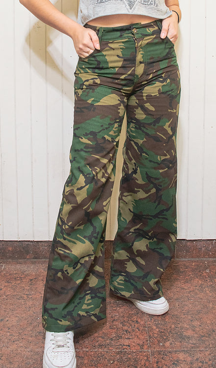 Pantalón K141 ELIMA Palazzo rígido tiro alto militar