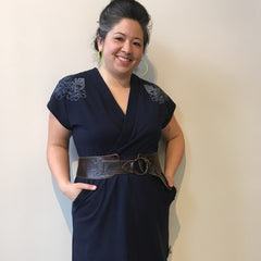 eve lavoie, mujou dress, navy, pockets