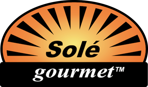 Sole Gourmet brand logo: Sole text with sunbeams behind it and gourmet on second row with solid black background