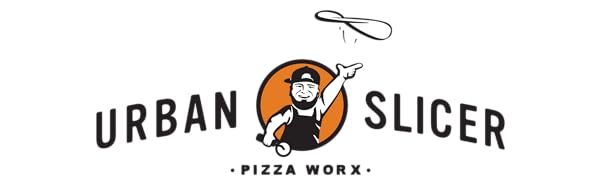 Urban Slicer Pizza Worx brand logo: pizza chef tossing a pizza crust with words around him