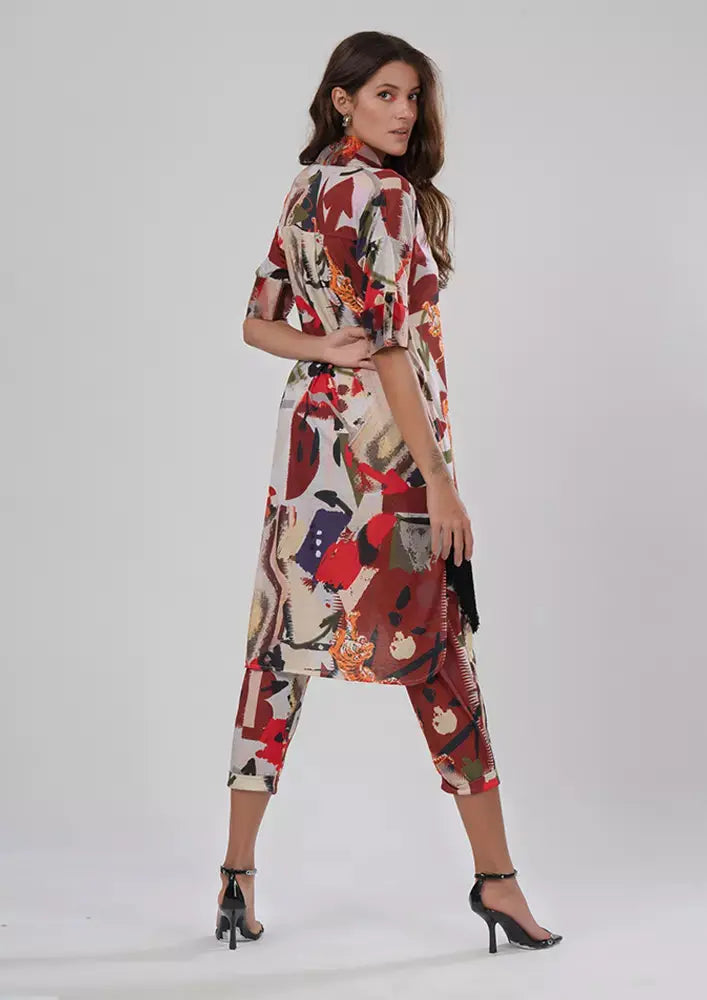 Tiger Print Oversize Shirt With Fringes Detailing And Straight Pants Set