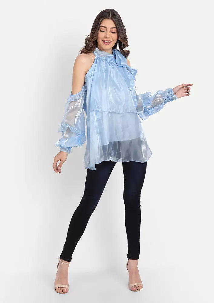 Blue Sheer Cold Shoulder Ruffle Top