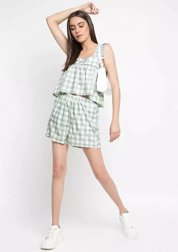 Check Print Crop Top And Shorts PJ set
