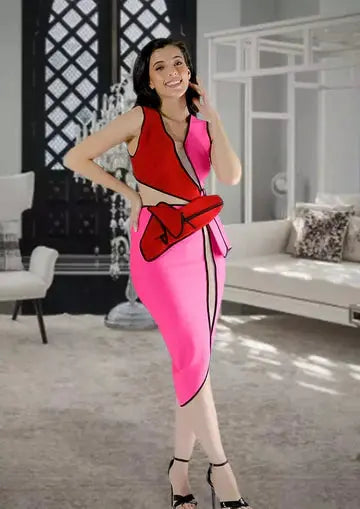Colorblock V-neck Bow Waist Detail Bodycon Dress