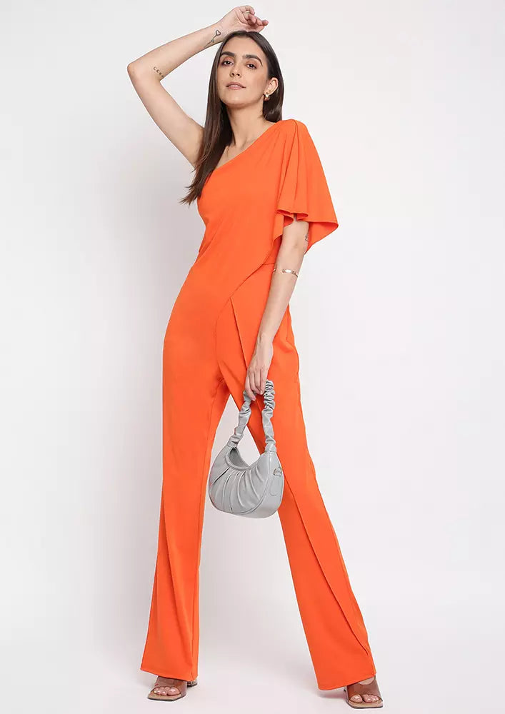 Orange One Shoulder Wide Leg Jumpsuit