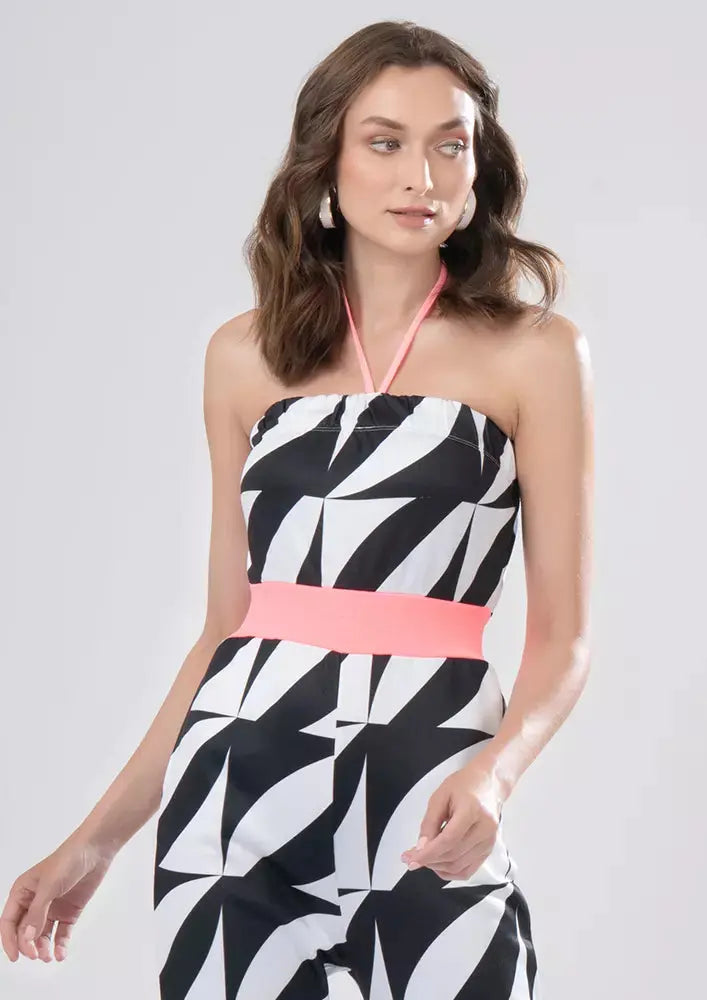 Monochrome Print Halter Neck Jogger Style Jumpsuit
