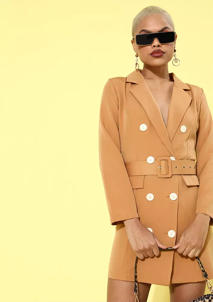 Brown Long Sleeve Double Breasted Slim Fit Belted Blazer Dress
