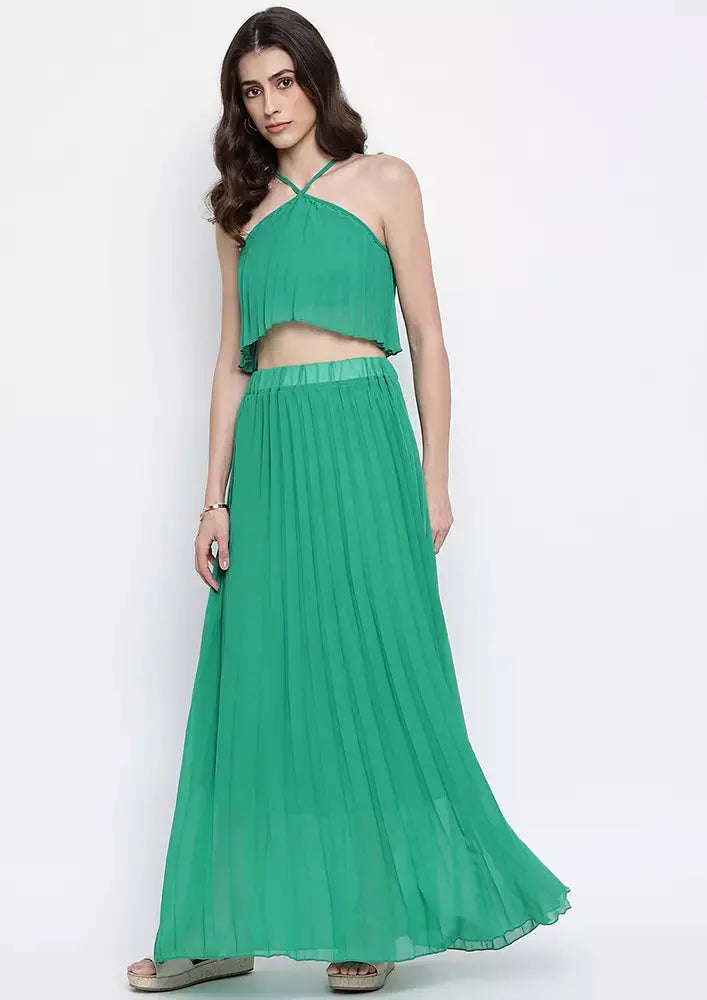 Turquoise Pleated Halterneck Crop Top And Long Skirt Two-Piece Set