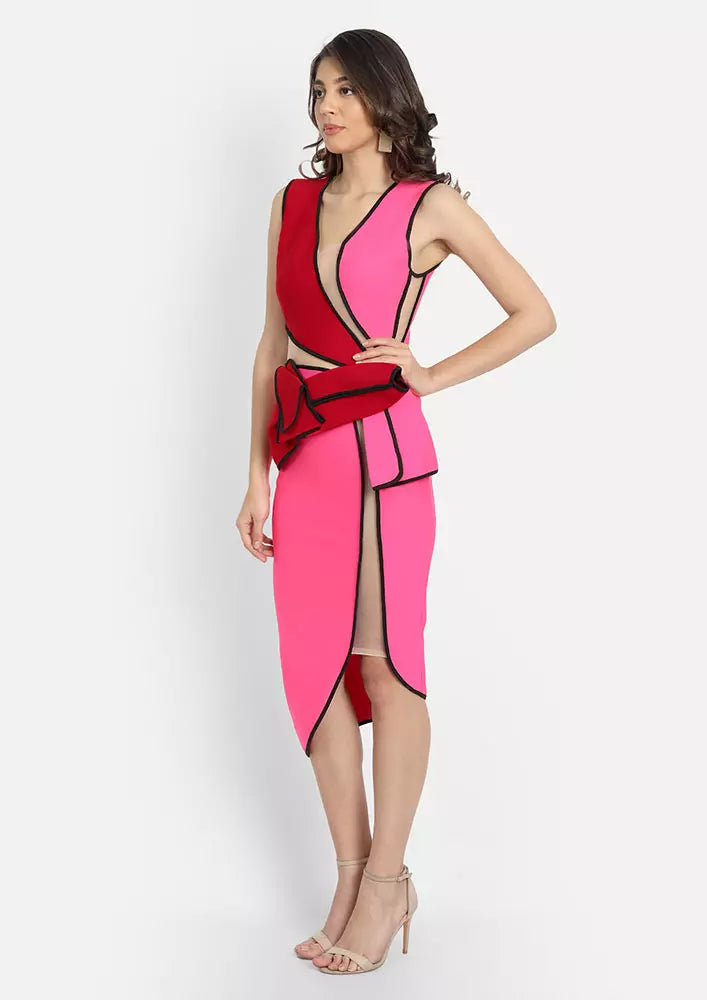 Colorblock V-neck Bow Waist Detail Bodycon Dress