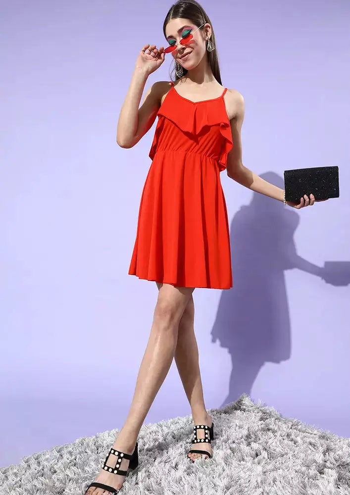 Red Frill Detail Strappy Skater Dress