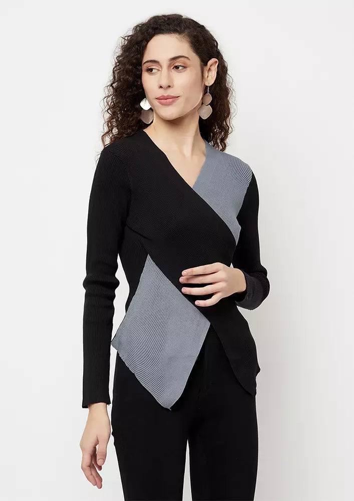 Black And Charcoal Grey Criss Cross Knitted Cardigan