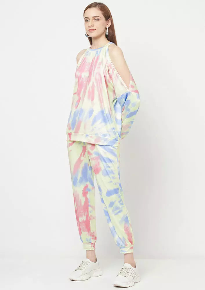 Tie Dye Cold Shoulder Top And Pants 2 Pc Set