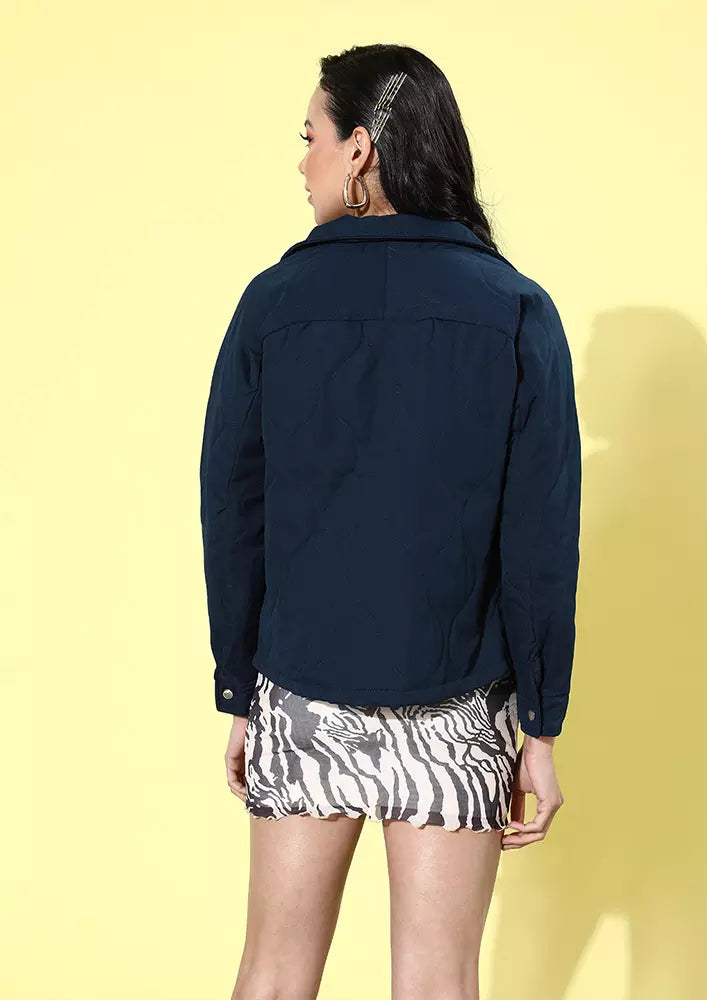 Blue Quilted Full Sleeve Puffer Jacket
