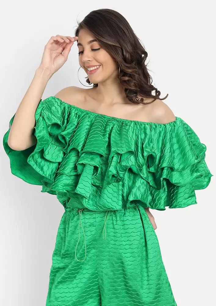 Green Textured Off Shoulder Ruffle Detail Playsuit