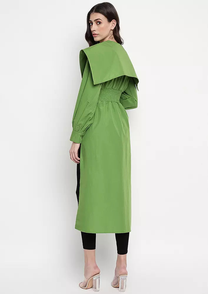 Green Oversized Collar With Buckle Waist Asymmetrical Long Top