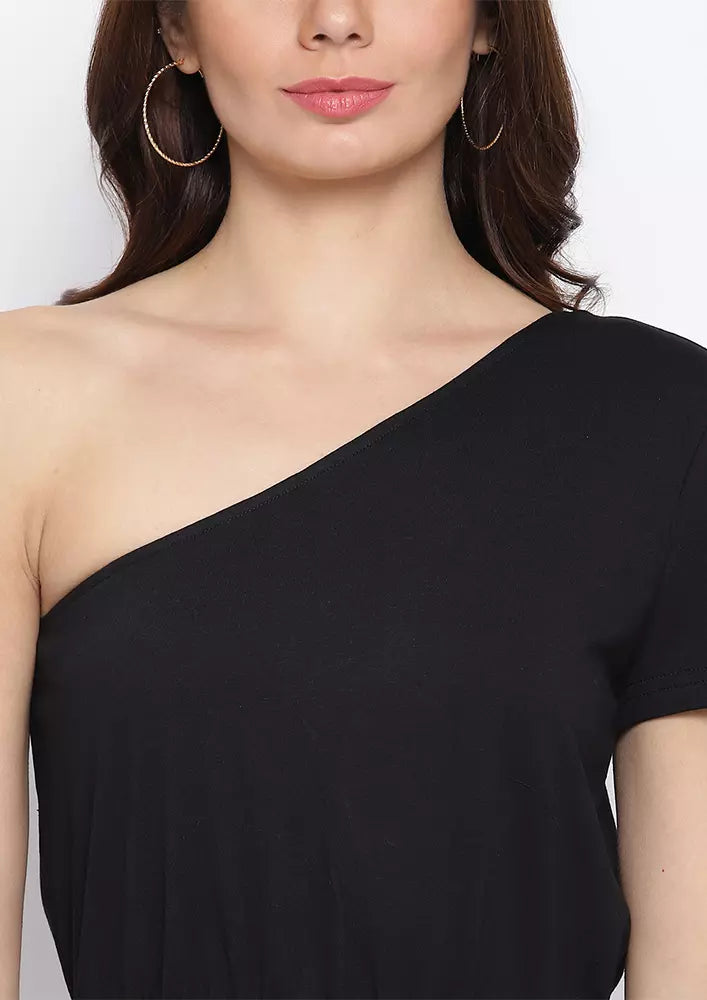 Black One Shoulder Elasticated Waist Playsuit