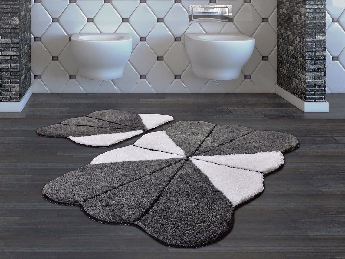Penguin Home Microfiber Plush Soft Bath Mat Set of 2|Racetrack Design Grey Colour||Rectangles|Absorbent Washable Toilet Rug Bathroom Mat Sets 2 Piece Non Slip Latex Backing|Size 40x60cm & 50x80cm|