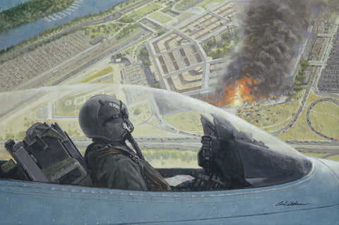 Painting of jet pilot looking on burning pentagon building