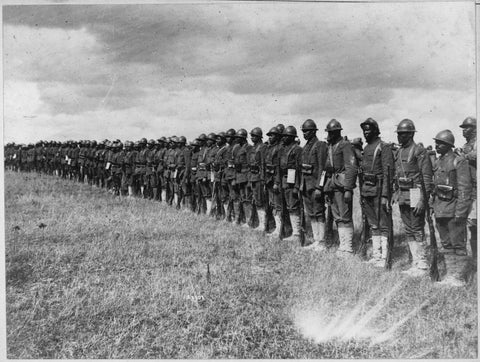 WWI era soldiers in uniform in a line 15th Regiment Infantry New York National Guard 