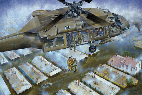 Painting of US national guard helicopter over buring buildings