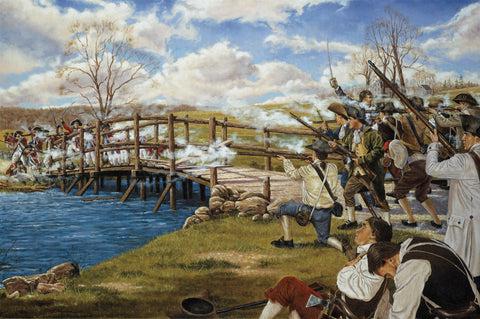 Painting of early American militia fighting redcoats
