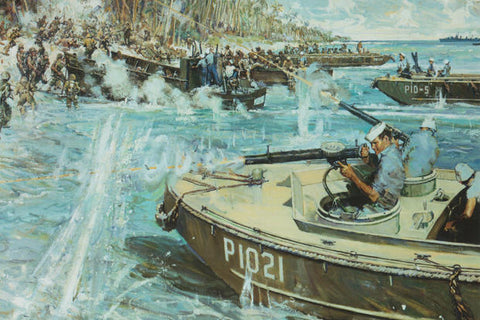 Painting of US Coast Guard fighting in WWII landing boats.