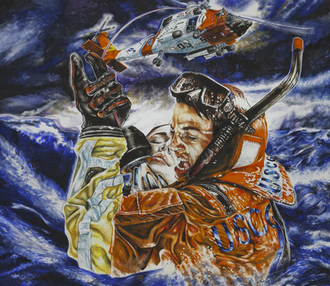 Painting of US Coast Guard rescue diver saving woman in the the sea with Seahawk helicopter overhead