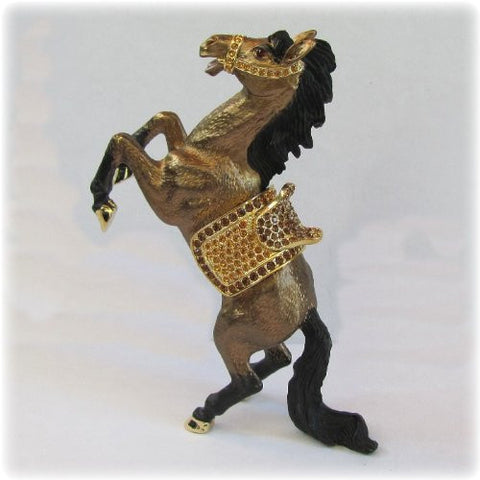 Rearing Horse Figurine Keepsake Box with Swarovski Crystals Brown Bay Saddled FIGURINE