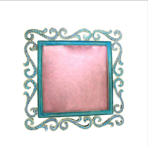 Teal BLUE Swarovski Crystals Photo Frame holds a 3" x 3" Square Picture Swirl...