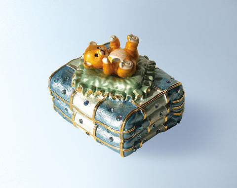 Blue Baby Teddy Bear Box Swarovski Crystals Keepsake, Trinket, Figurine Box for Baby Boy's Room