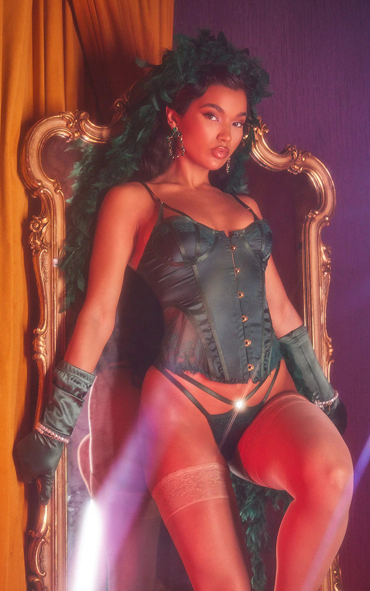 Emerald Green Lace Trim Corset Lingerie Set - iLYMAi