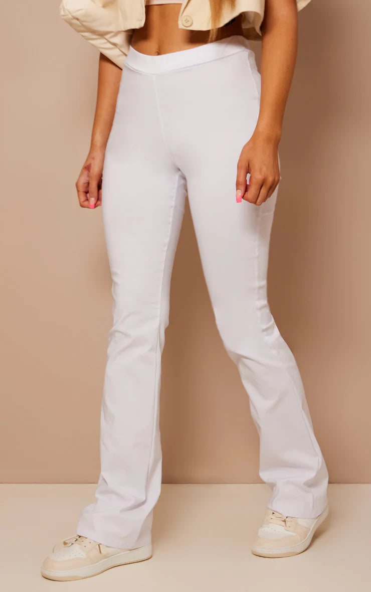 White Stretch Woven Low Rise Skinny Flared Pants