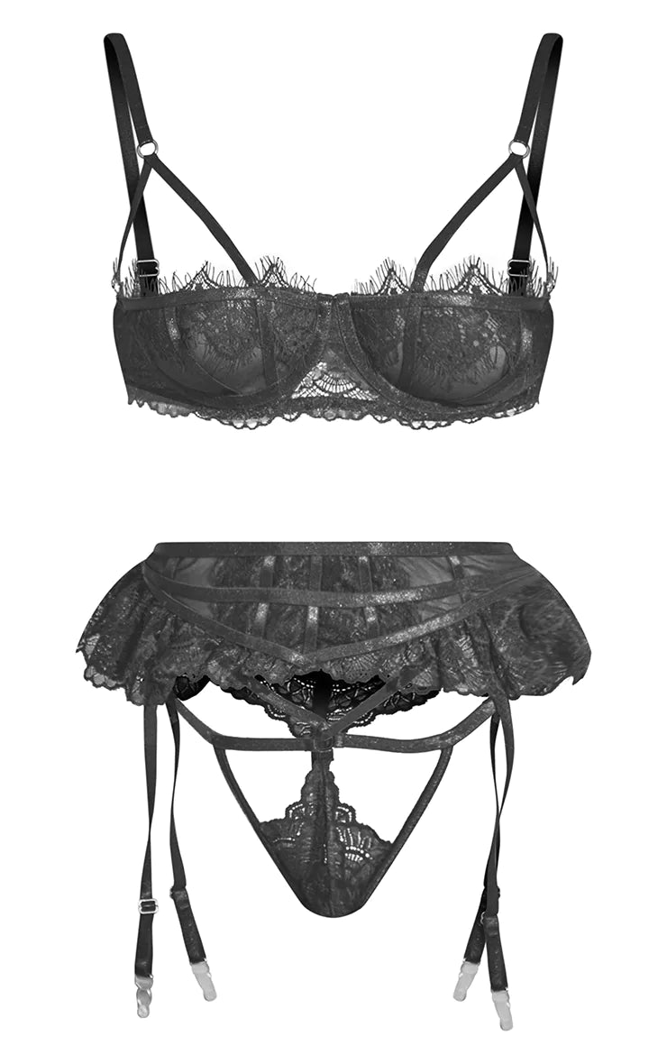 Black Lace Strapping Cut Out Detail 3 Piece Lingerie Set - iLYMAi