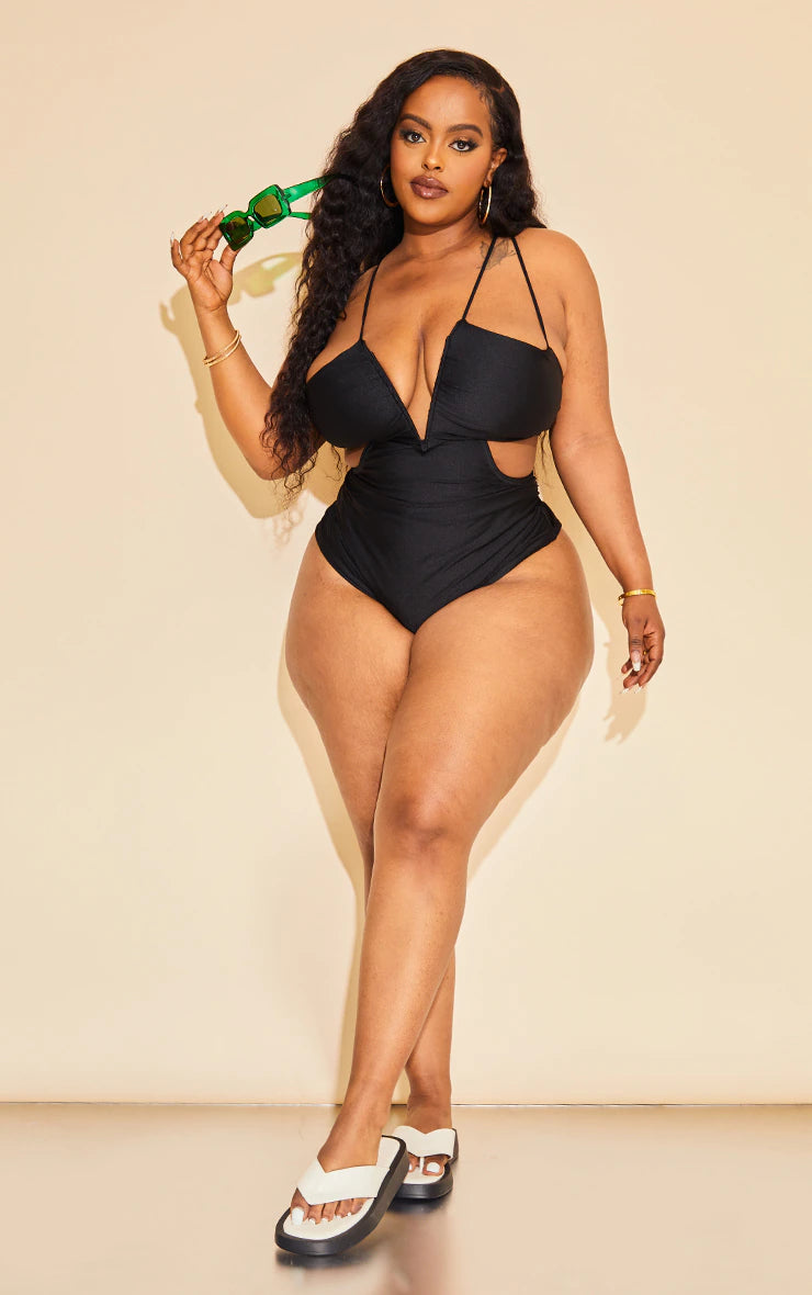Plus Black Strappy Low Back Swimsuit - iLYMAi