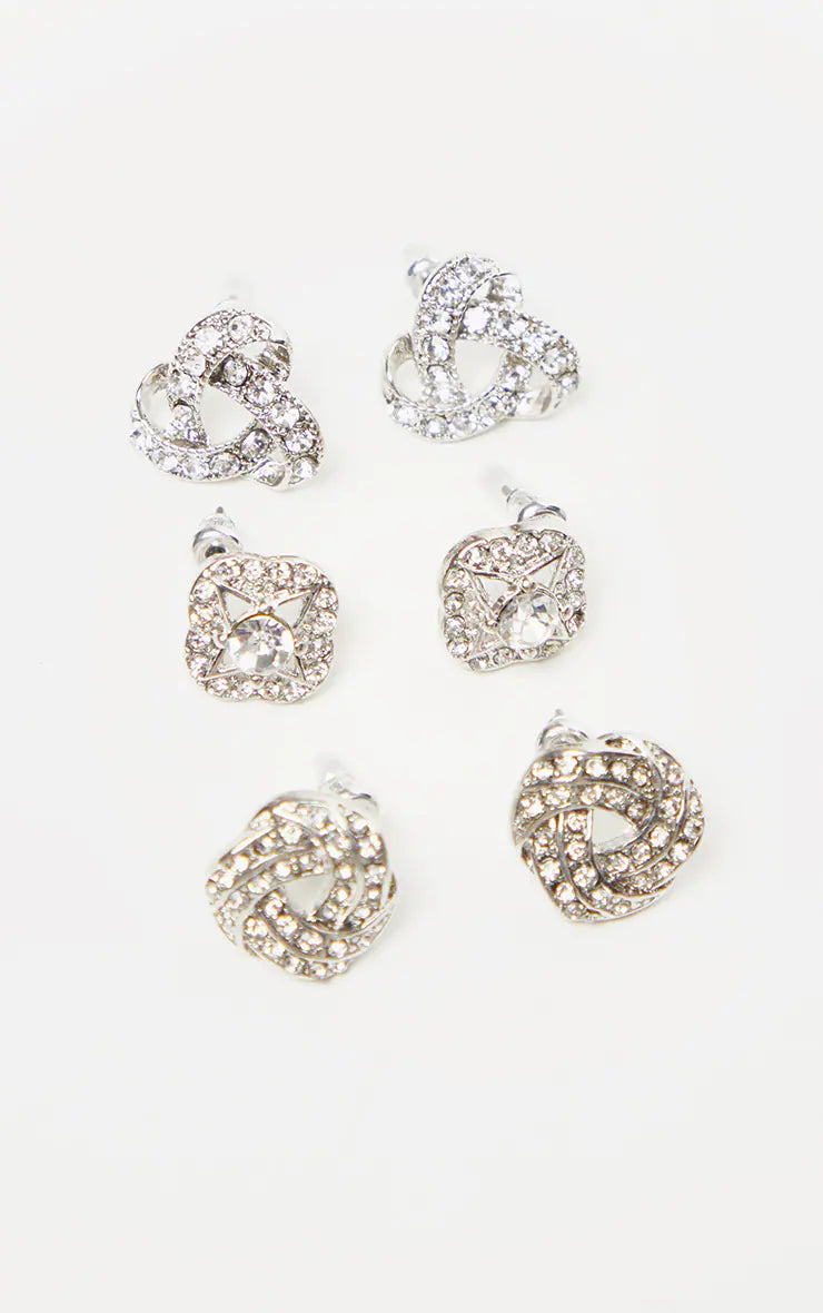 Silver Diamante Knotted Stud Earrings Multi Pack
