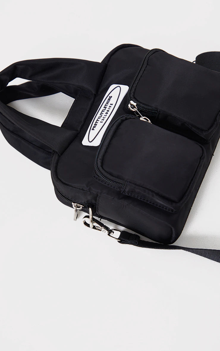 Nylon Black Double Front Pocket Cross Body Bag - iLYMAi