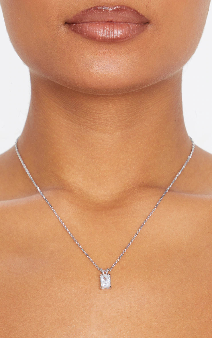 Silver Simple Rectangle Diamante Drop Necklace