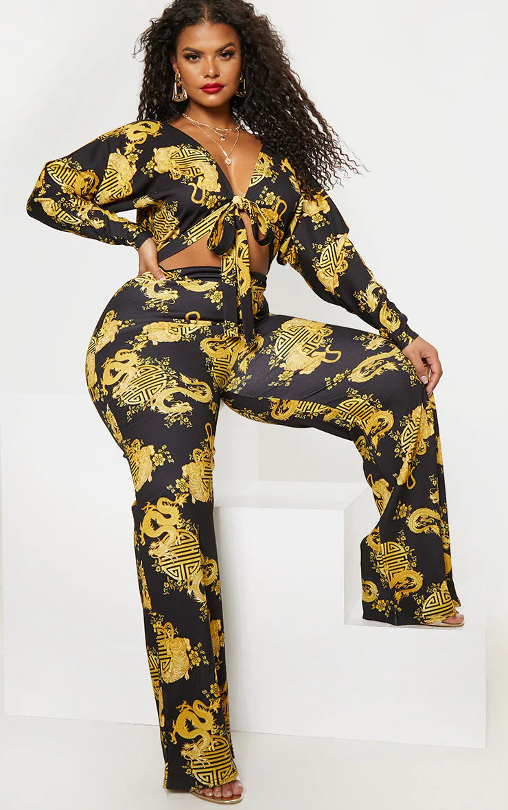 Plus Black Dragon Print Tie Front Jumpsuit - iLYMAi