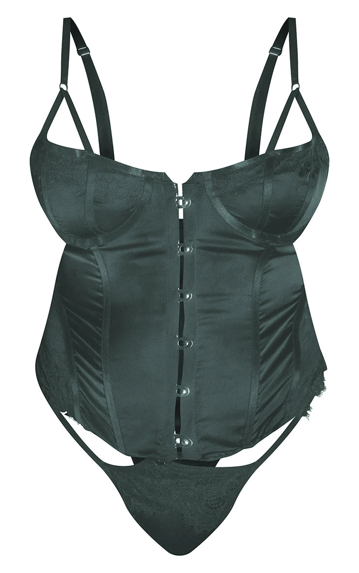 Plus Black Lace Trim Corset Lingerie Set - iLYMAi