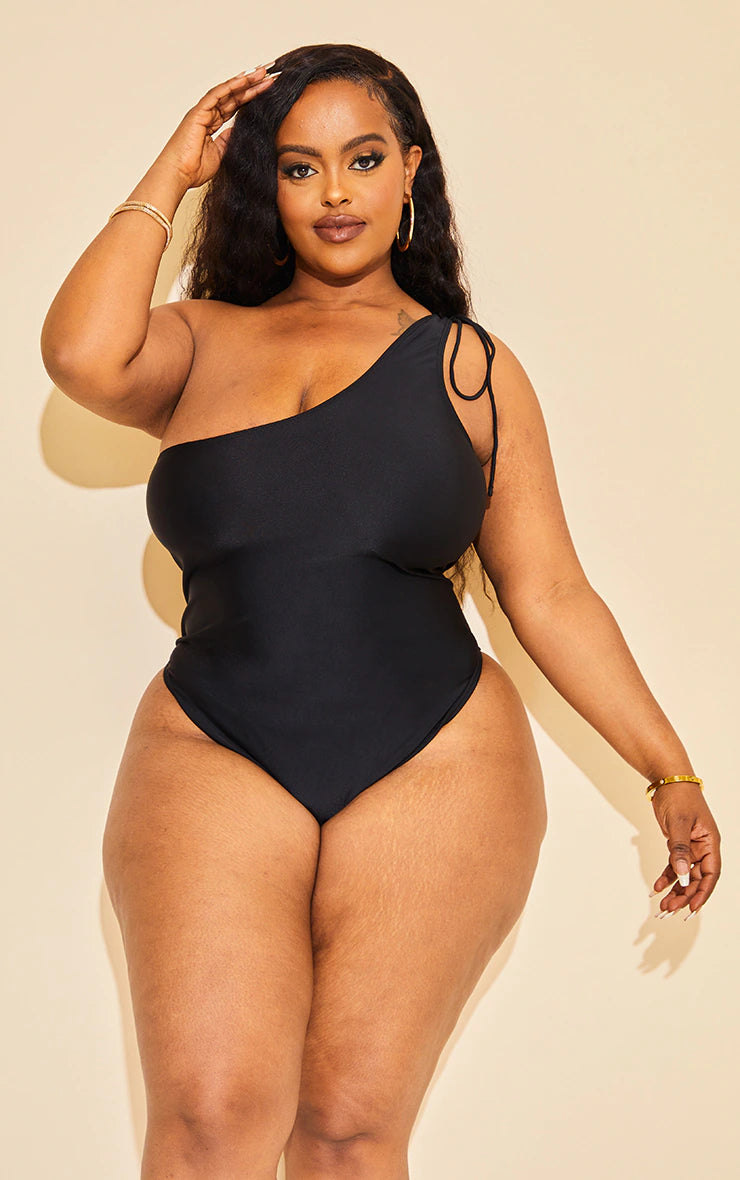 Recycled Plus Black One Shoulder Tie Detail Swimsuit