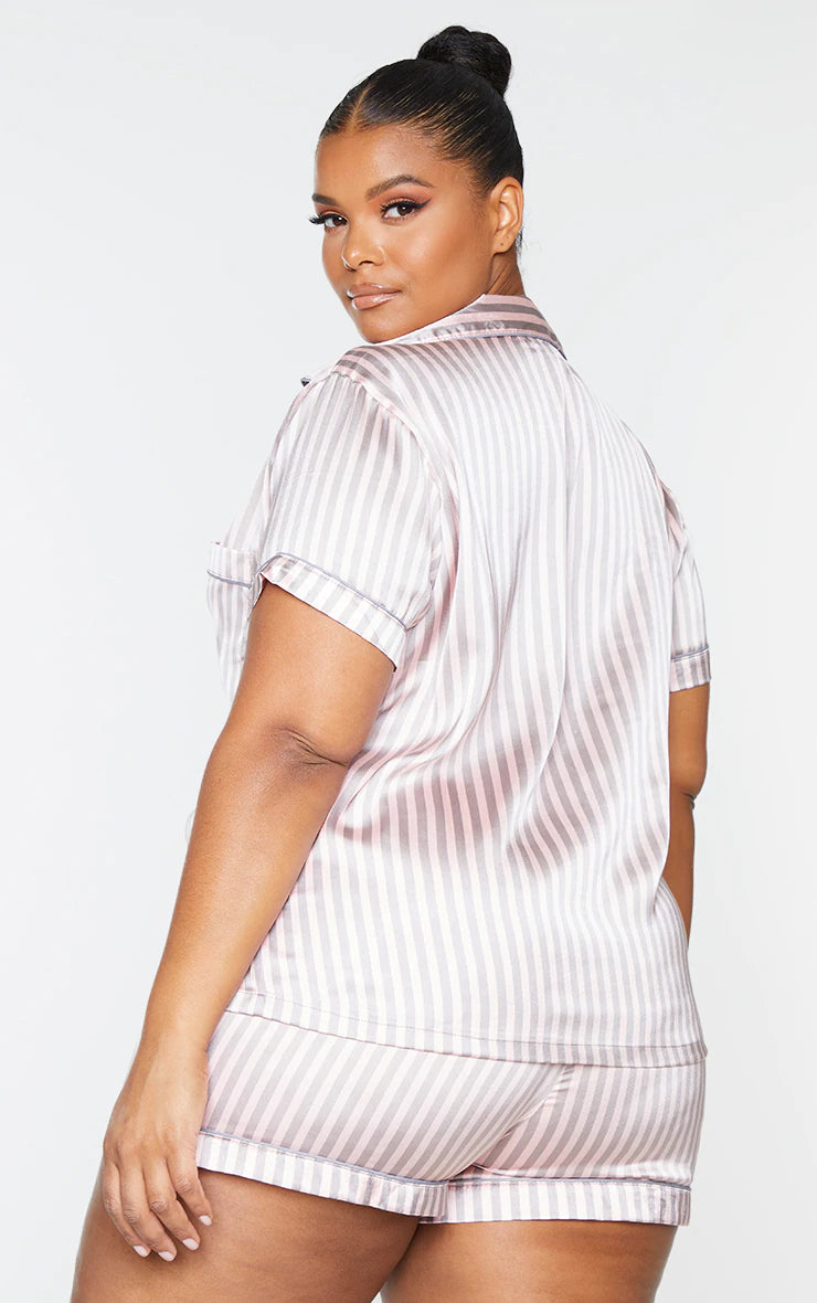 Plus Pink And Grey Stripe Satin Short PJ Set - iLYMAi