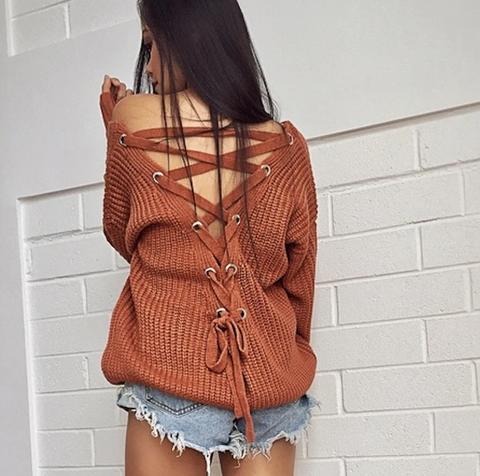 own the night lace-up back knit sweater - more colors