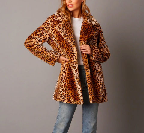 Selena - Open Collar Faux Fur coat - brown/leopard
