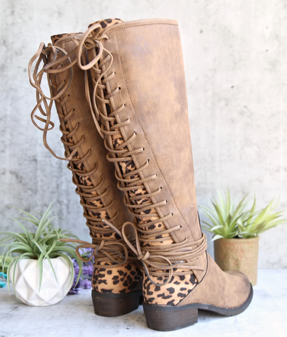 very volatile - marcel knee high corseted boot - tan/leopard
